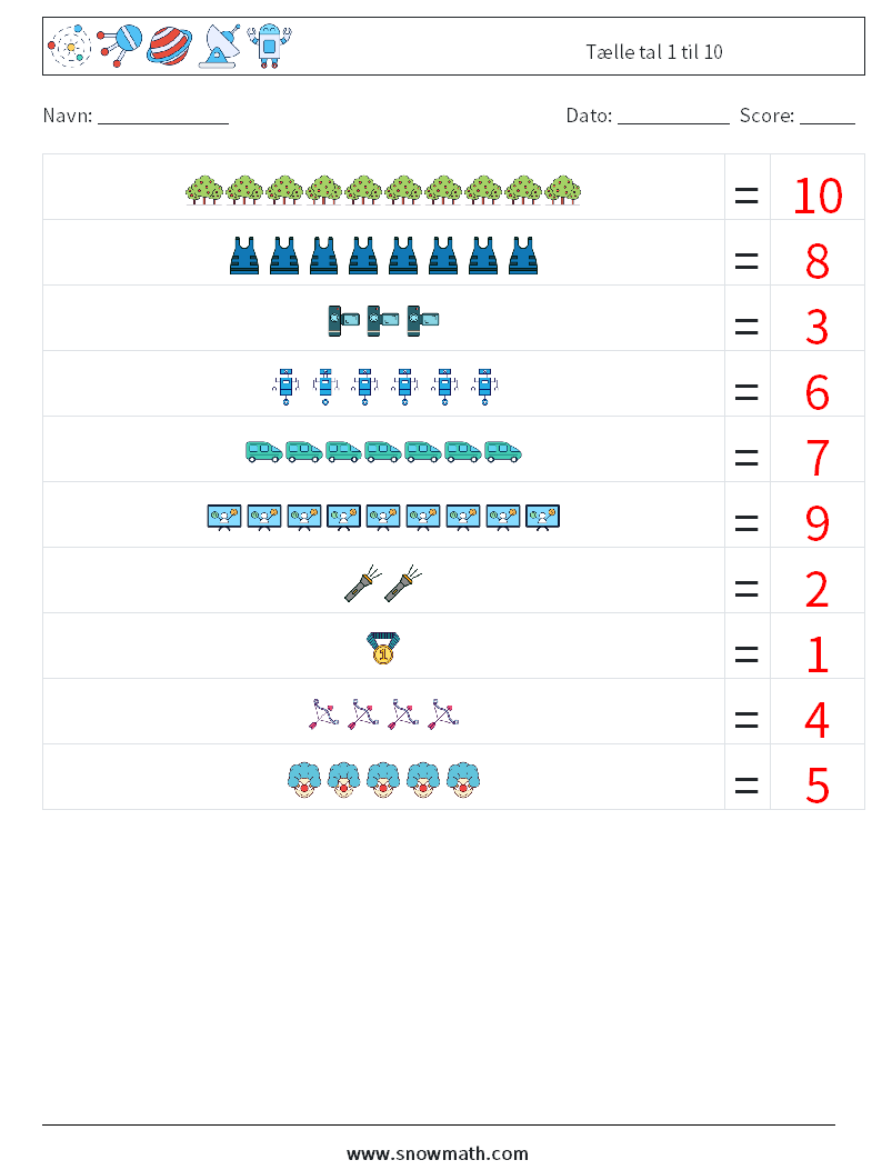 Tælle tal 1 til 10 Matematiske regneark 13 Spørgsmål, svar