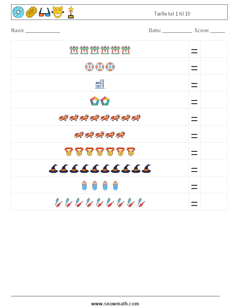 Tælle tal 1 til 10 Matematiske regneark 14