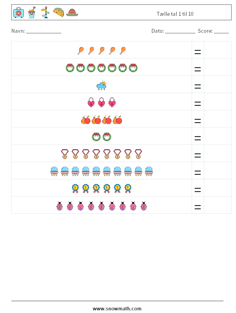 Tælle tal 1 til 10 Matematiske regneark 15