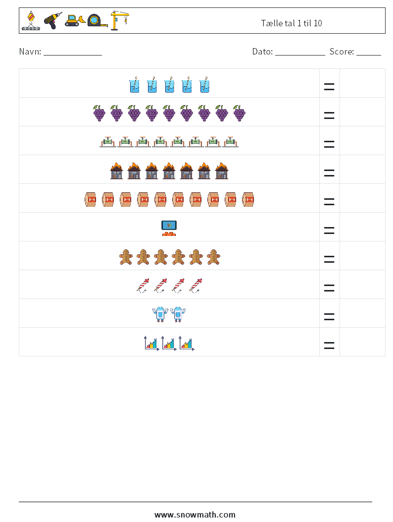 Tælle tal 1 til 10 Matematiske regneark 16