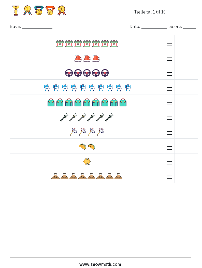 Tælle tal 1 til 10 Matematiske regneark 17