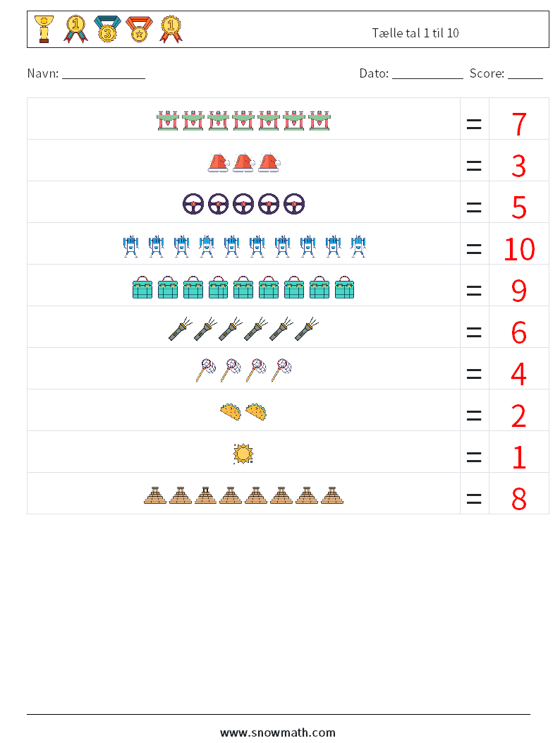 Tælle tal 1 til 10 Matematiske regneark 17 Spørgsmål, svar