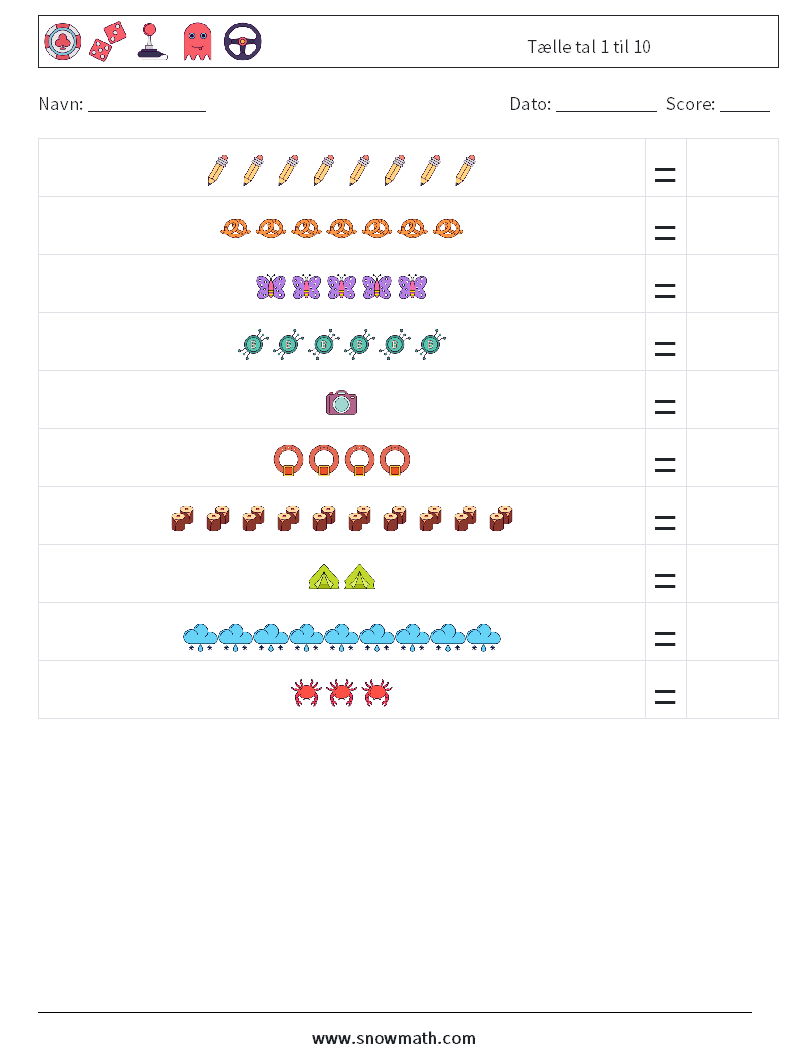 Tælle tal 1 til 10 Matematiske regneark 18