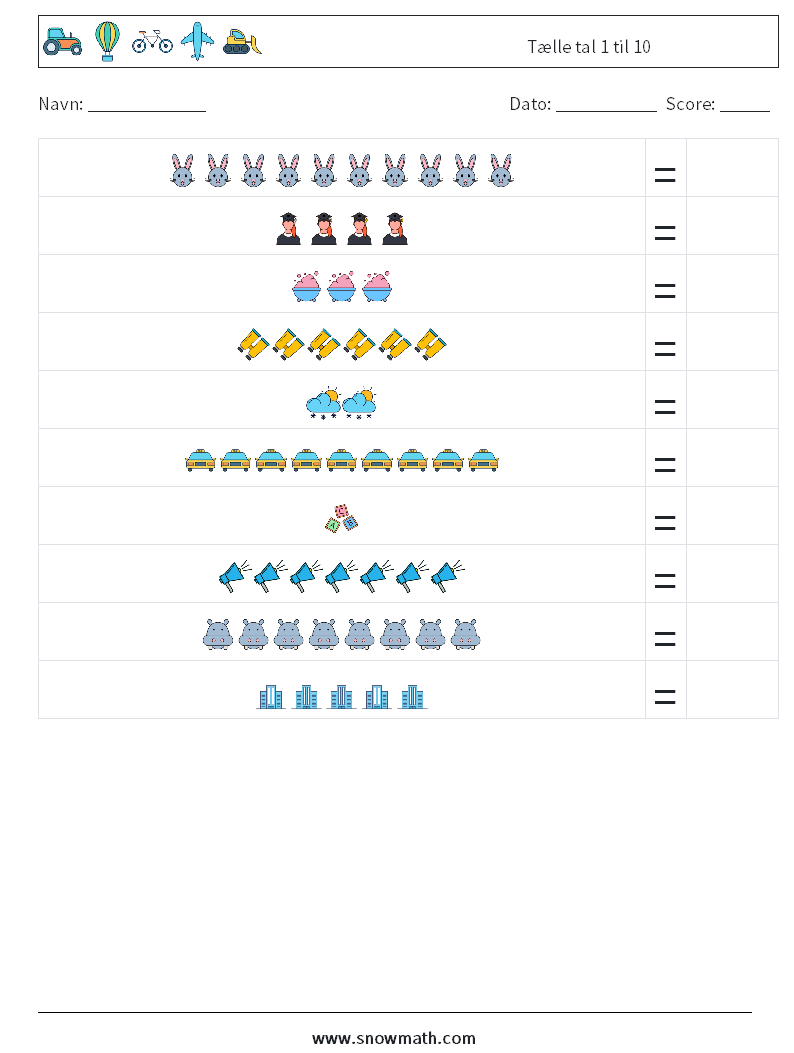 Tælle tal 1 til 10 Matematiske regneark 2