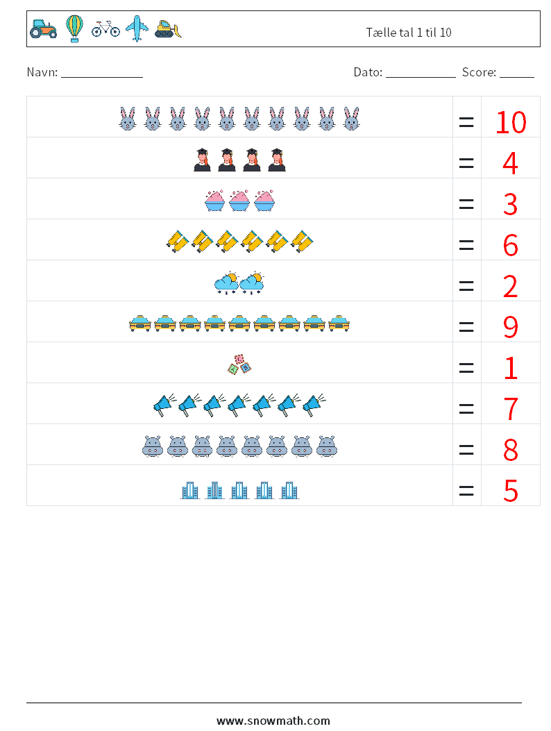 Tælle tal 1 til 10 Matematiske regneark 2 Spørgsmål, svar