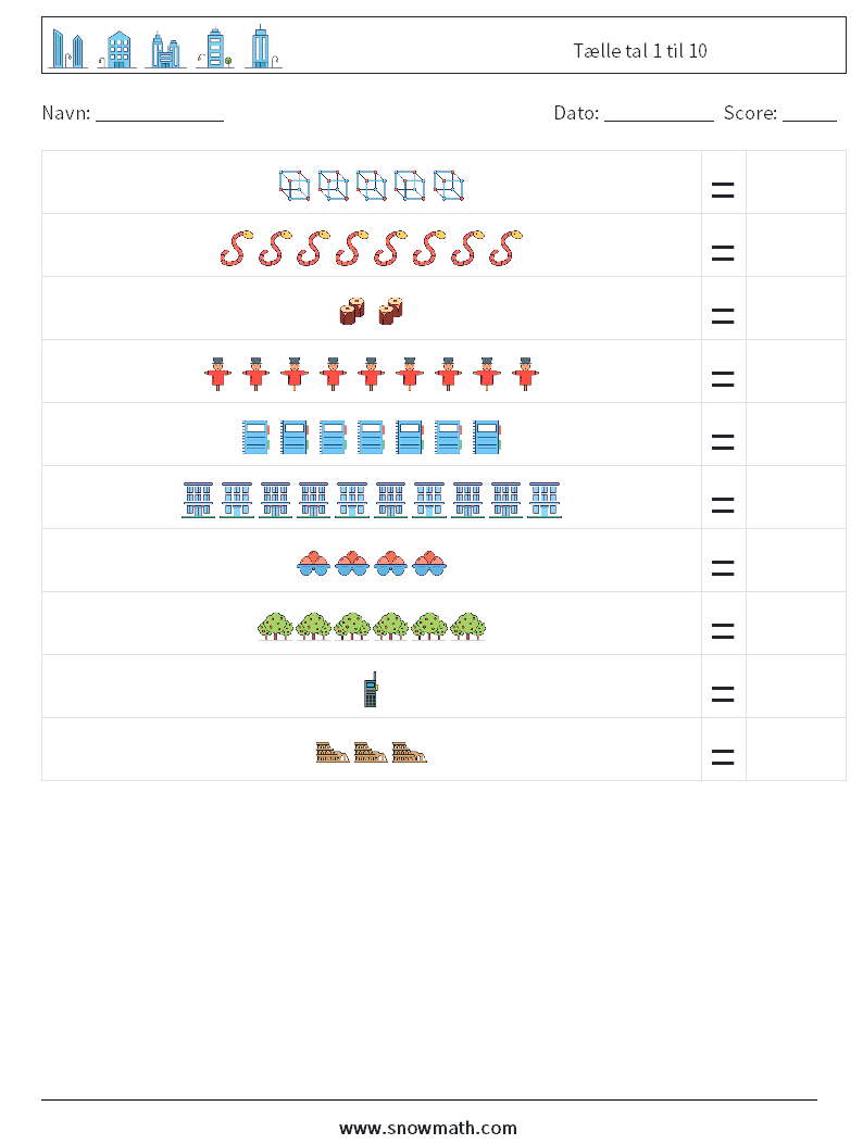 Tælle tal 1 til 10 Matematiske regneark 3