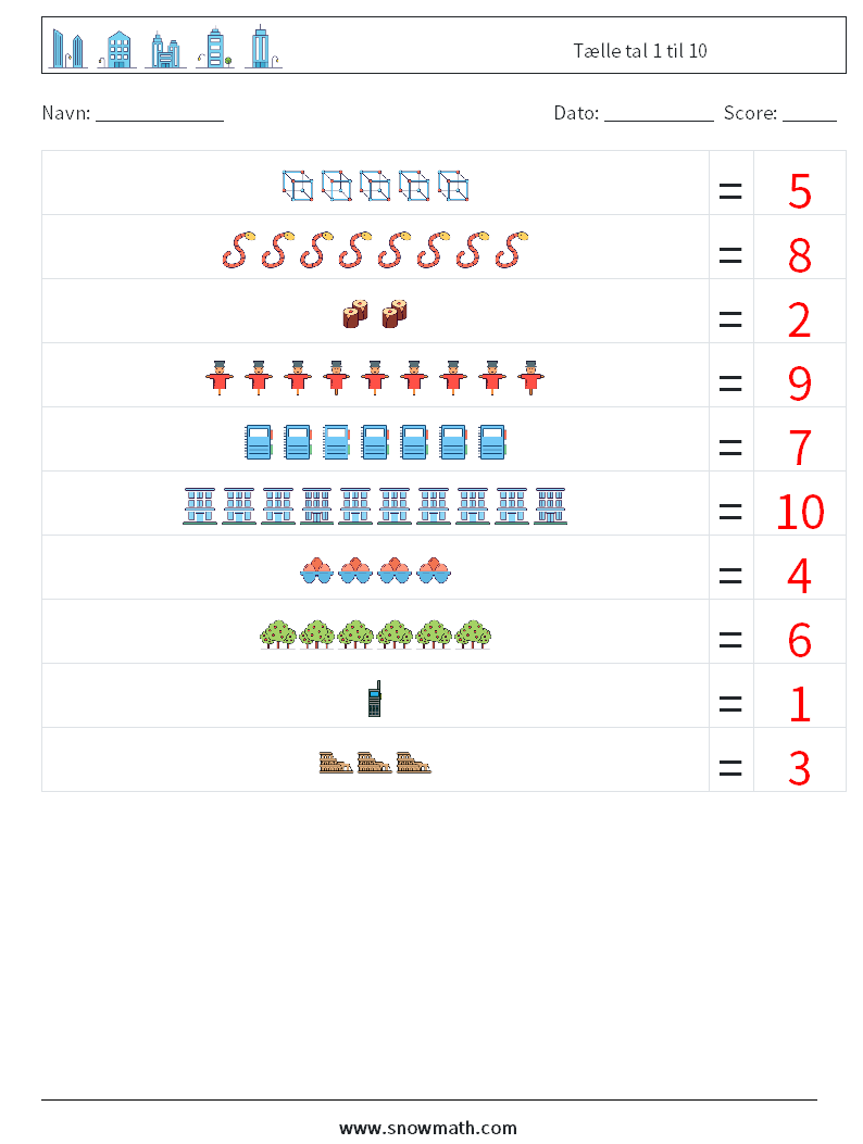 Tælle tal 1 til 10 Matematiske regneark 3 Spørgsmål, svar