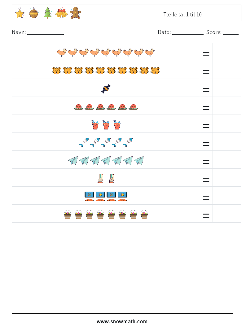 Tælle tal 1 til 10 Matematiske regneark 4