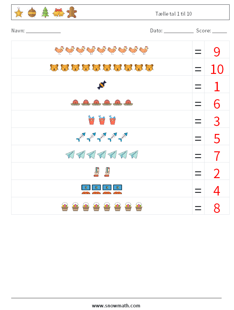 Tælle tal 1 til 10 Matematiske regneark 4 Spørgsmål, svar