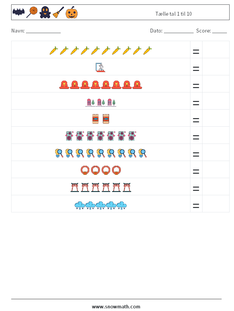 Tælle tal 1 til 10 Matematiske regneark 5