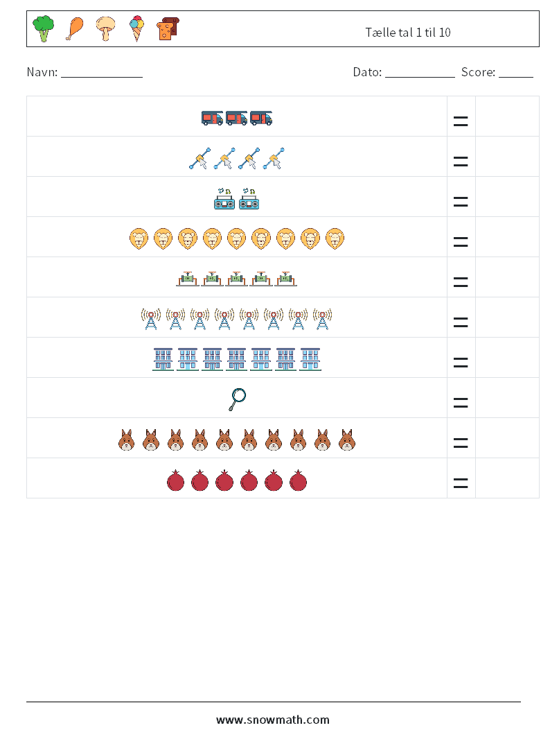 Tælle tal 1 til 10 Matematiske regneark 6