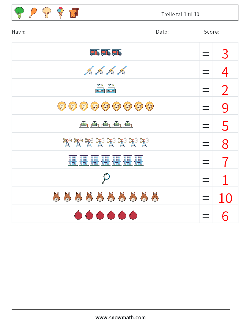 Tælle tal 1 til 10 Matematiske regneark 6 Spørgsmål, svar