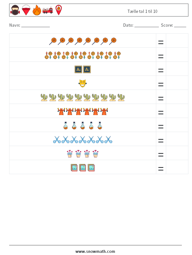 Tælle tal 1 til 10 Matematiske regneark 7