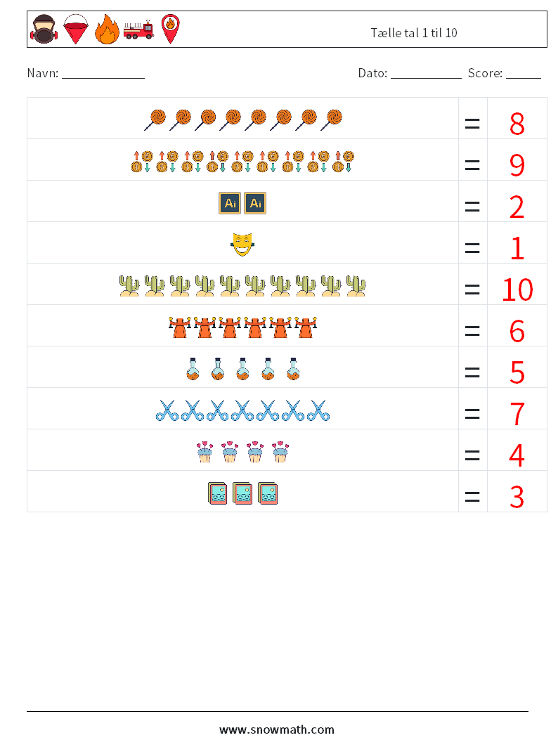 Tælle tal 1 til 10 Matematiske regneark 7 Spørgsmål, svar