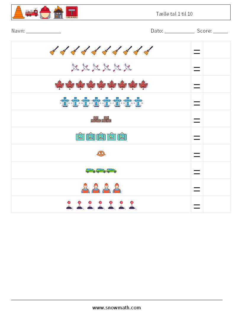 Tælle tal 1 til 10 Matematiske regneark 8