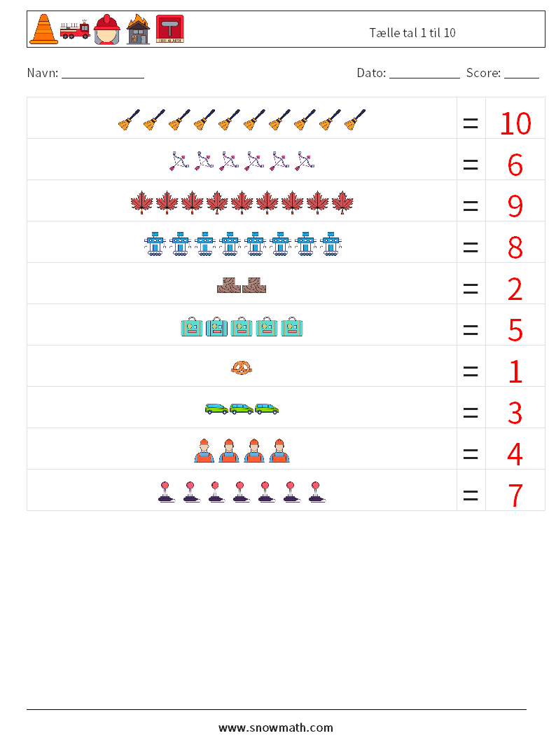 Tælle tal 1 til 10 Matematiske regneark 8 Spørgsmål, svar