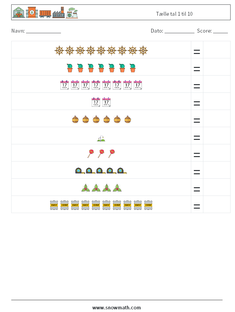 Tælle tal 1 til 10 Matematiske regneark 9