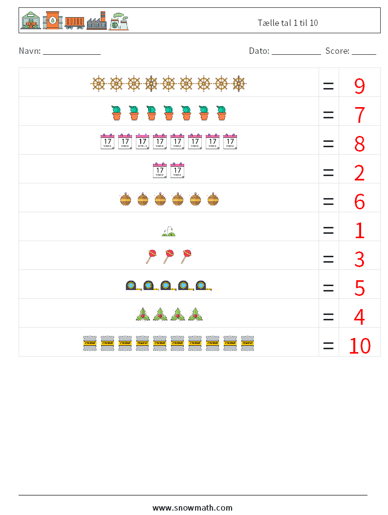 Tælle tal 1 til 10 Matematiske regneark 9 Spørgsmål, svar