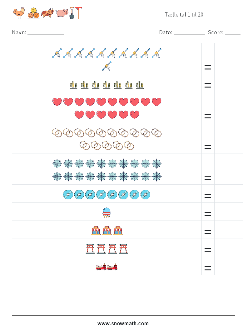 Tælle tal 1 til 20 Matematiske regneark 1