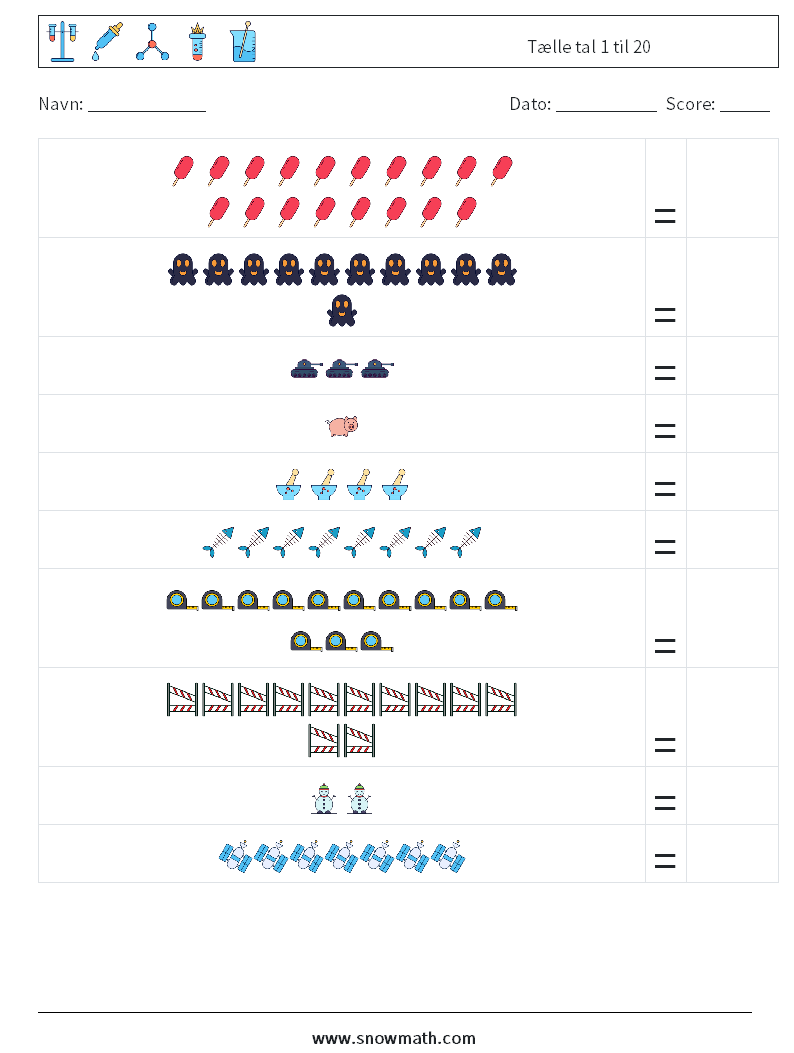 Tælle tal 1 til 20 Matematiske regneark 10