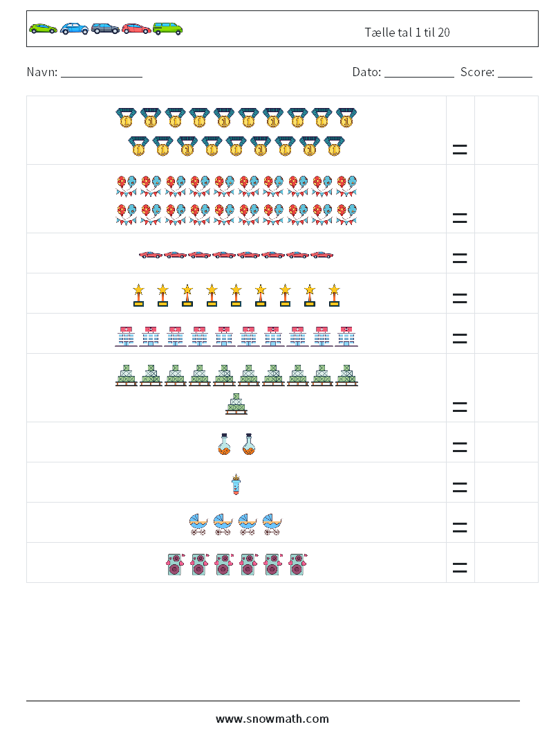 Tælle tal 1 til 20 Matematiske regneark 11