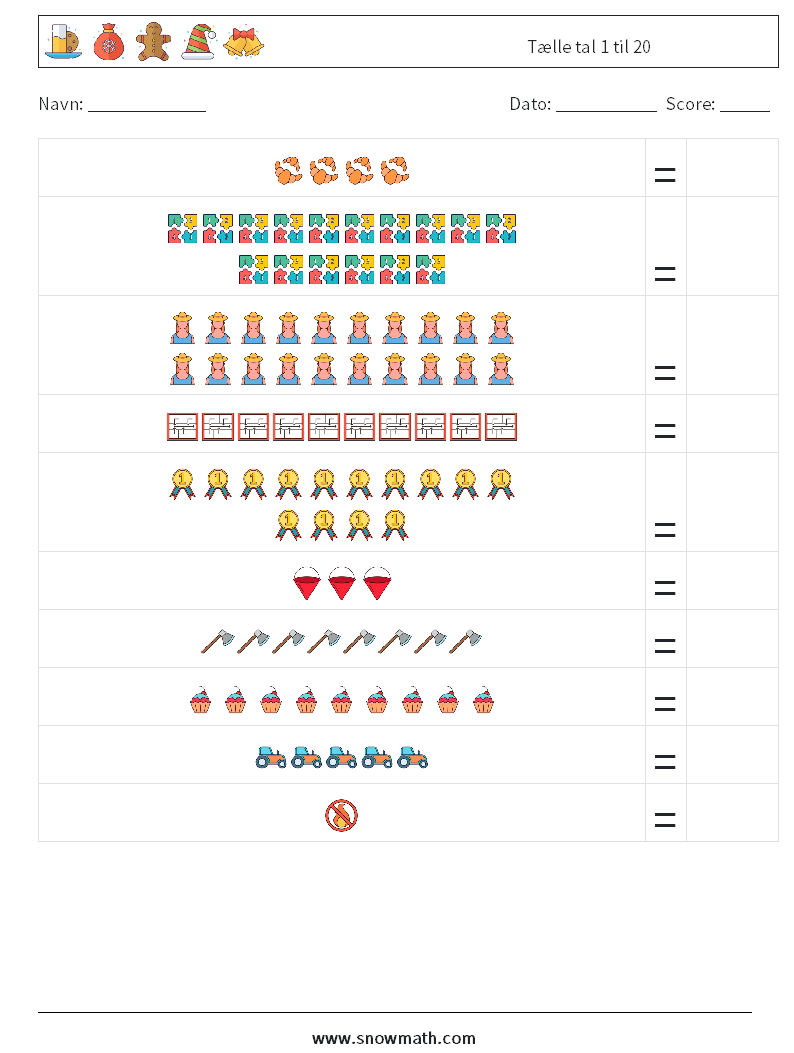 Tælle tal 1 til 20 Matematiske regneark 12