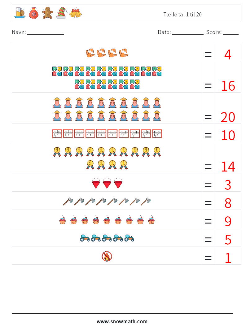 Tælle tal 1 til 20 Matematiske regneark 12 Spørgsmål, svar