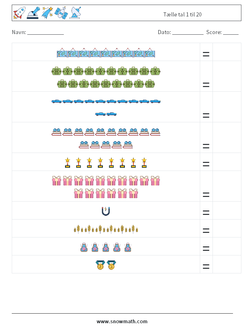 Tælle tal 1 til 20 Matematiske regneark 13