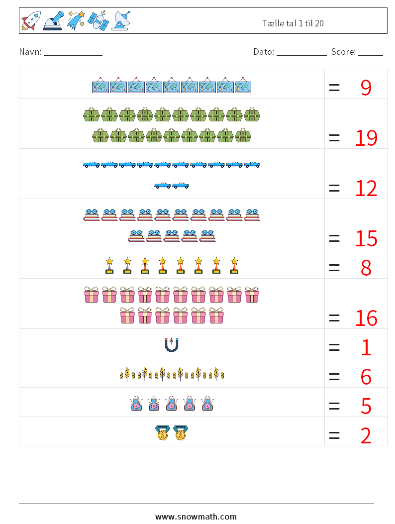 Tælle tal 1 til 20 Matematiske regneark 13 Spørgsmål, svar