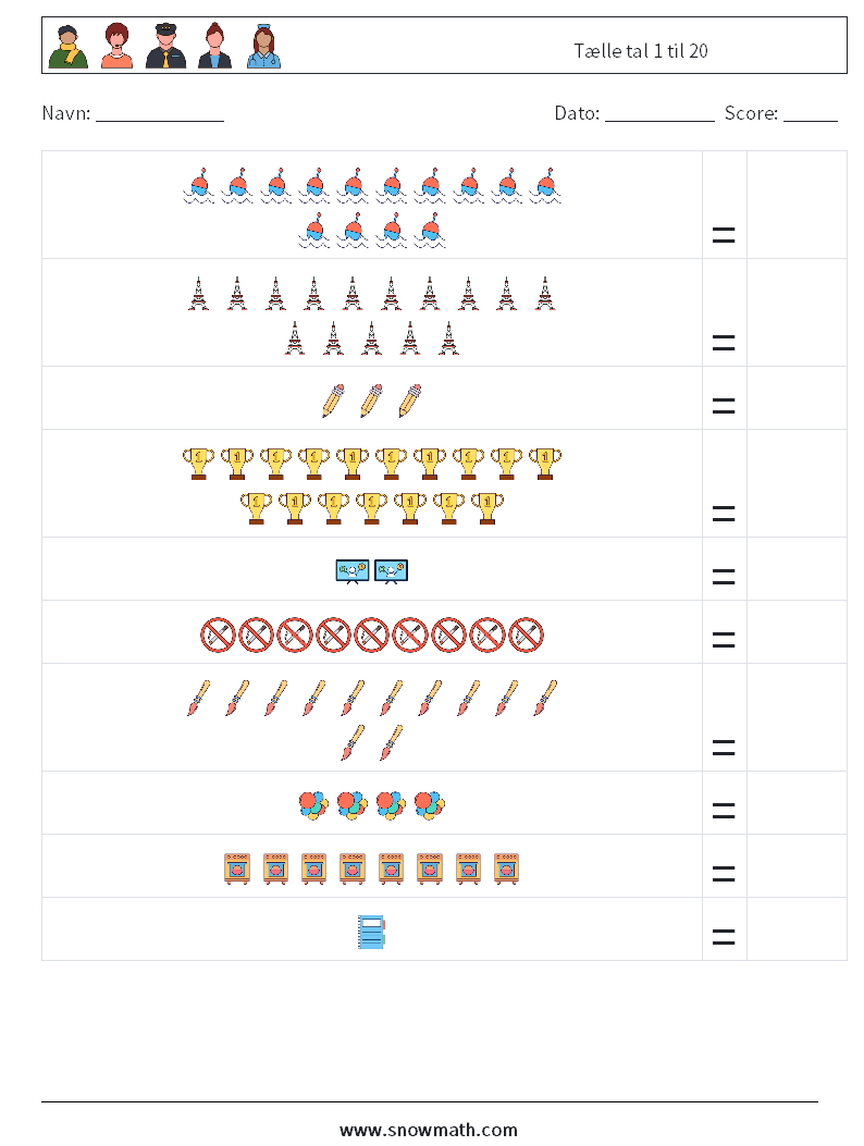 Tælle tal 1 til 20 Matematiske regneark 14