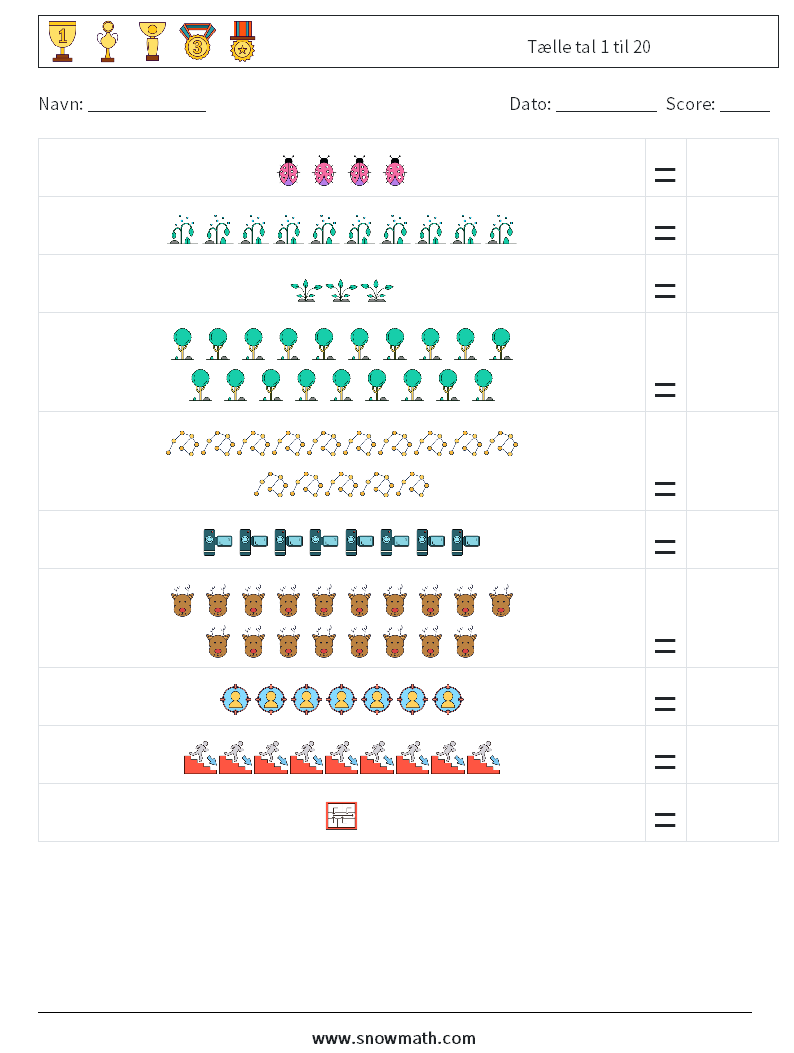 Tælle tal 1 til 20 Matematiske regneark 15