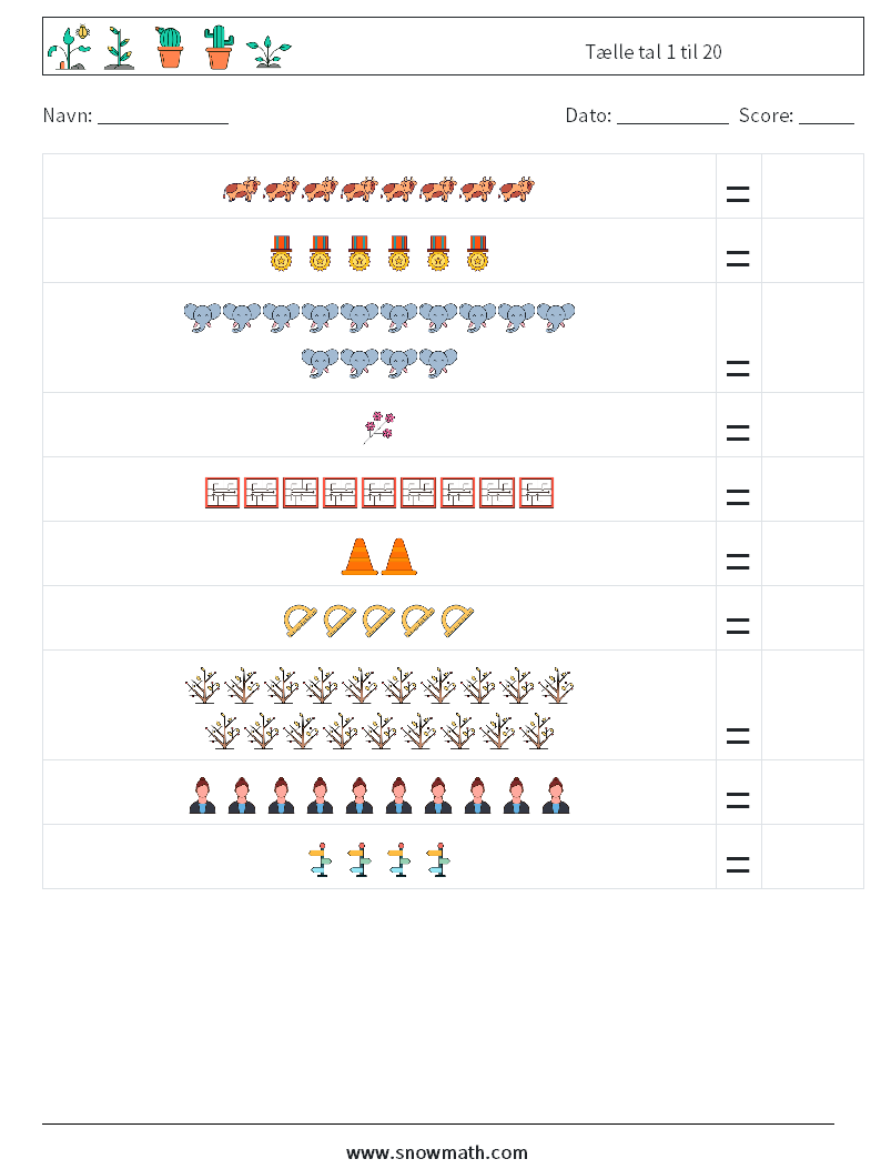 Tælle tal 1 til 20 Matematiske regneark 16