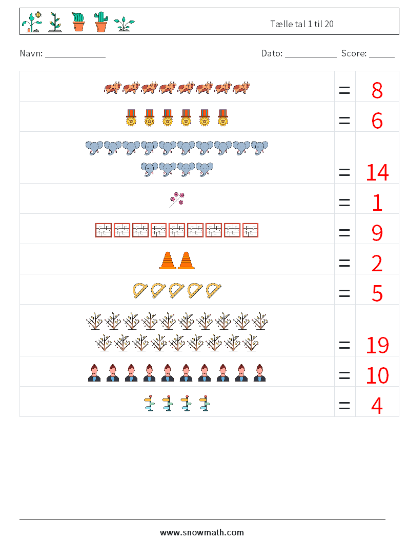 Tælle tal 1 til 20 Matematiske regneark 16 Spørgsmål, svar