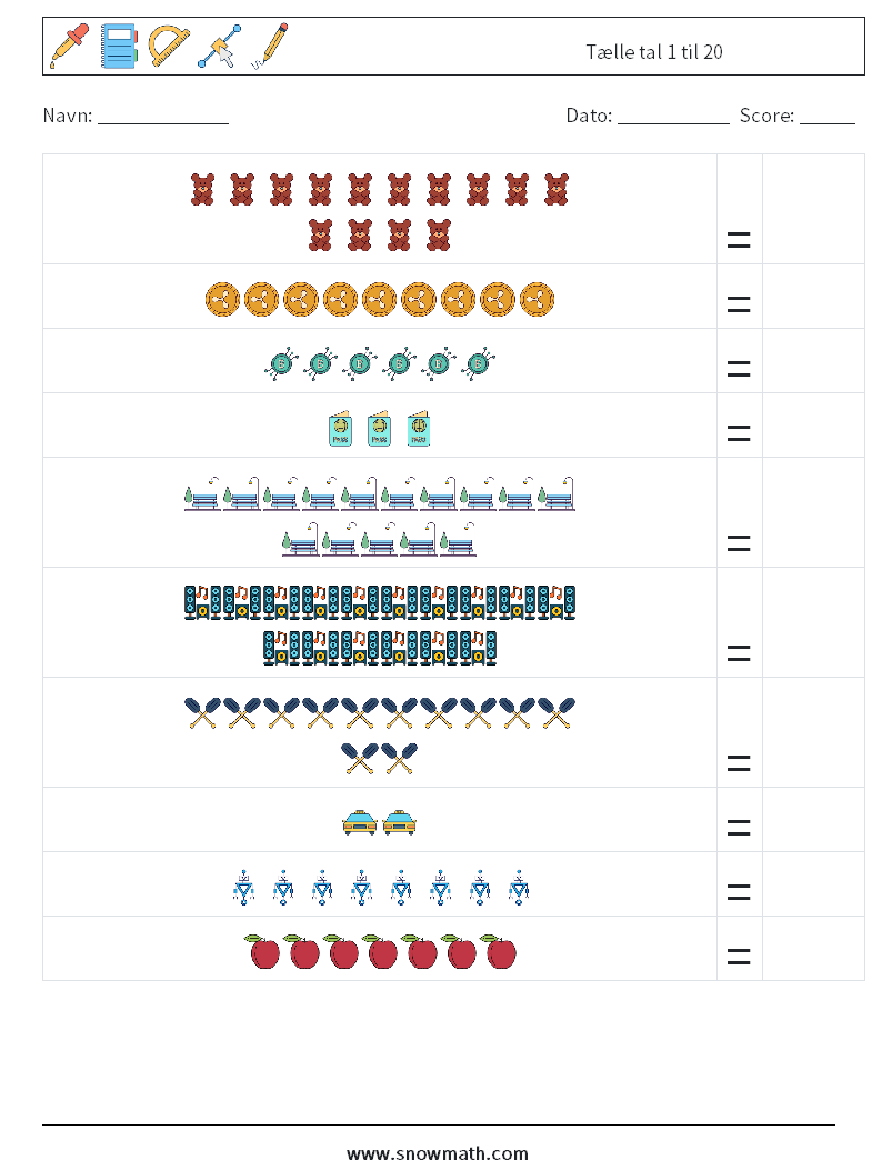 Tælle tal 1 til 20 Matematiske regneark 17