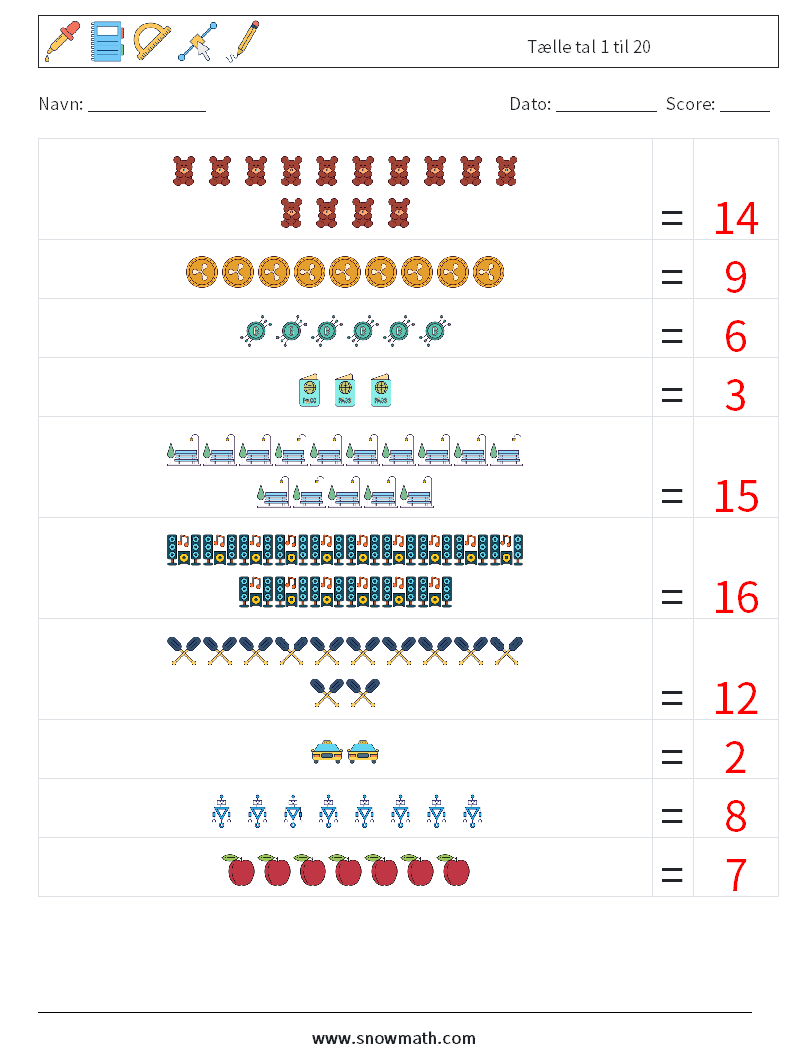 Tælle tal 1 til 20 Matematiske regneark 17 Spørgsmål, svar