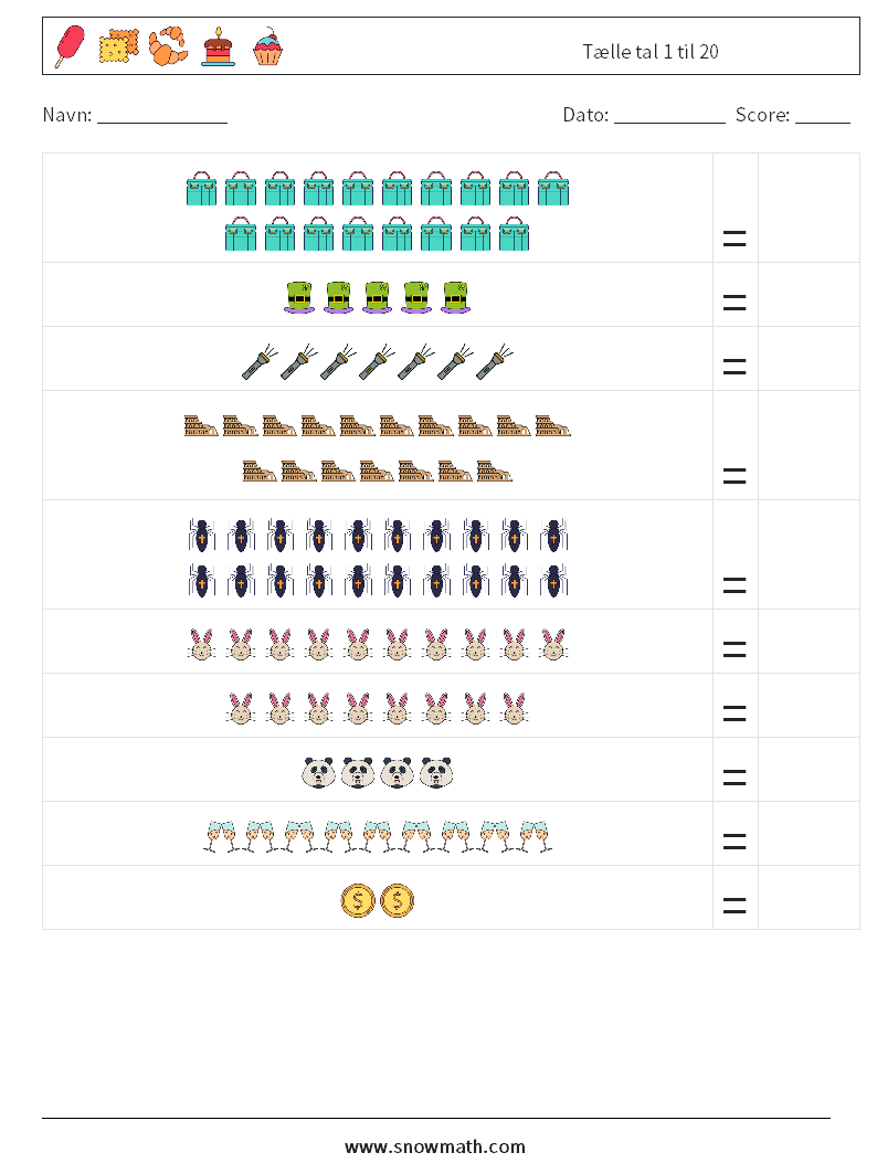 Tælle tal 1 til 20 Matematiske regneark 18