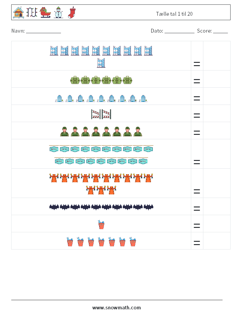 Tælle tal 1 til 20 Matematiske regneark 2