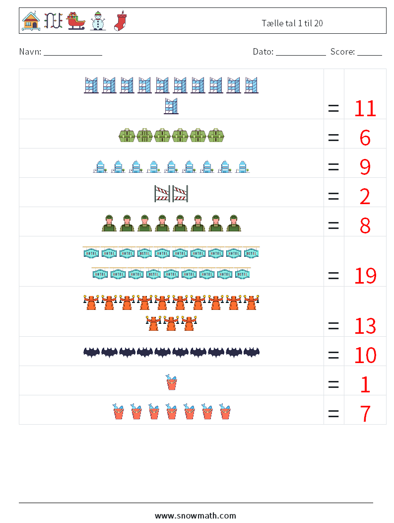 Tælle tal 1 til 20 Matematiske regneark 2 Spørgsmål, svar