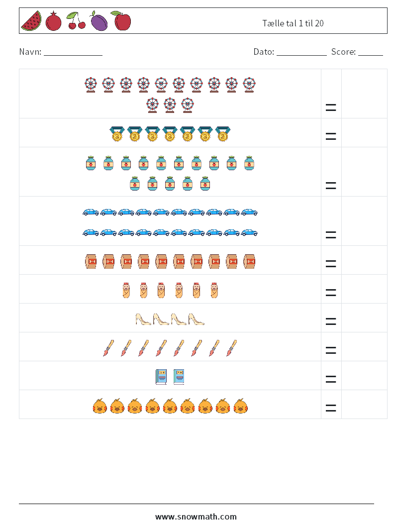 Tælle tal 1 til 20 Matematiske regneark 3