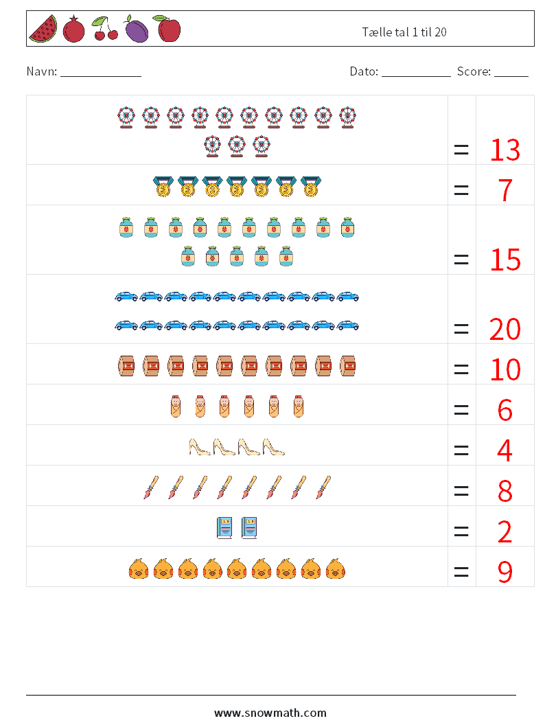 Tælle tal 1 til 20 Matematiske regneark 3 Spørgsmål, svar