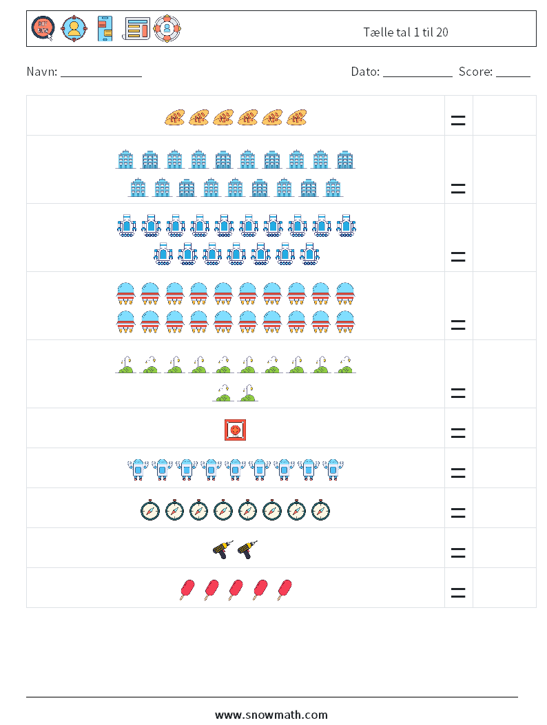 Tælle tal 1 til 20 Matematiske regneark 4