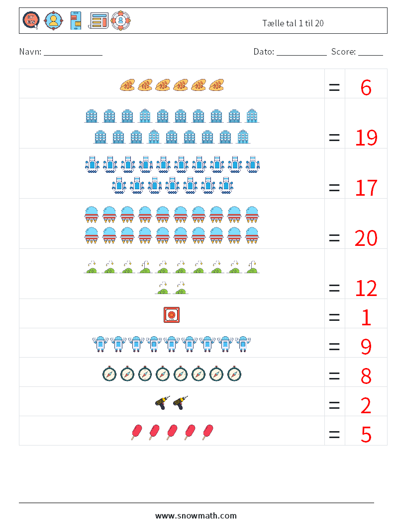 Tælle tal 1 til 20 Matematiske regneark 4 Spørgsmål, svar