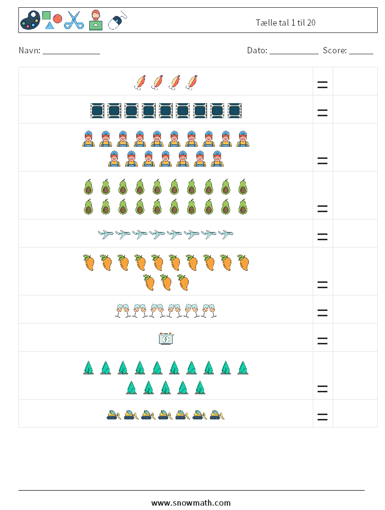 Tælle tal 1 til 20 Matematiske regneark 5