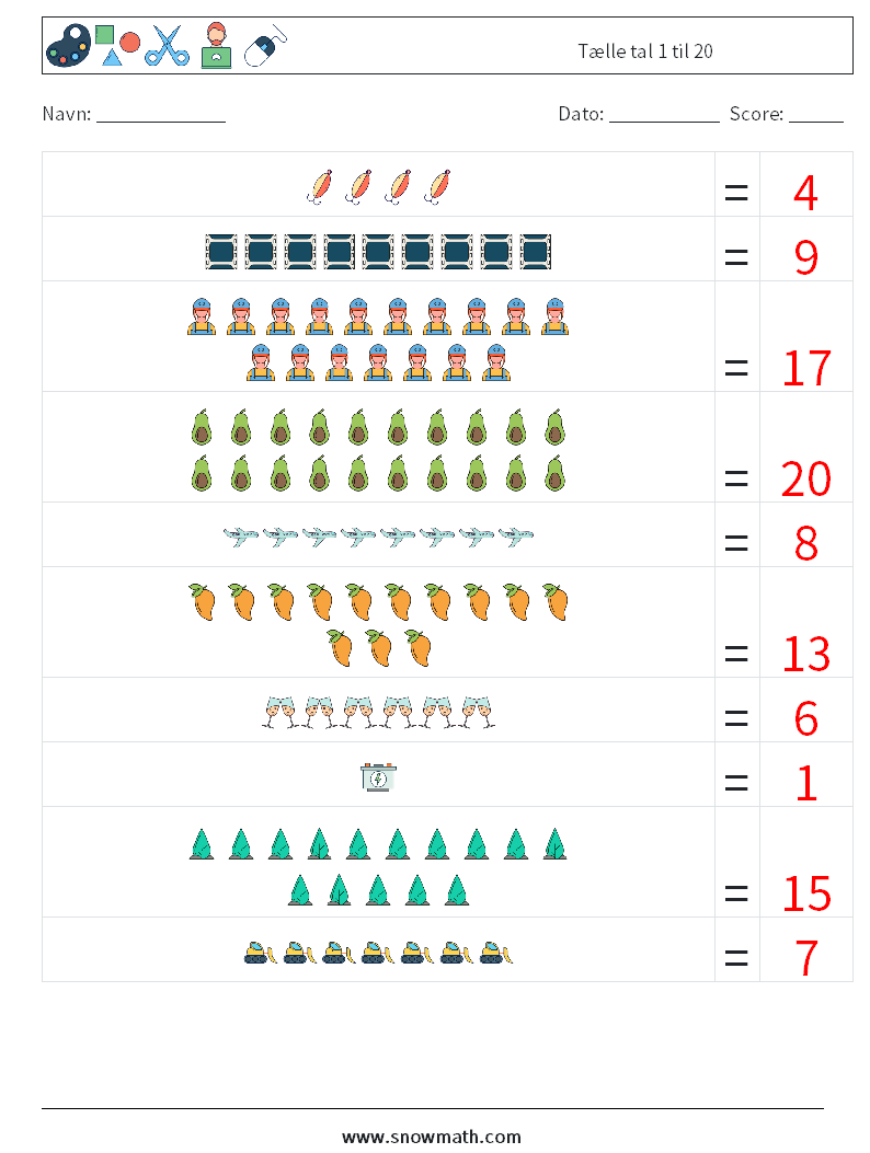 Tælle tal 1 til 20 Matematiske regneark 5 Spørgsmål, svar