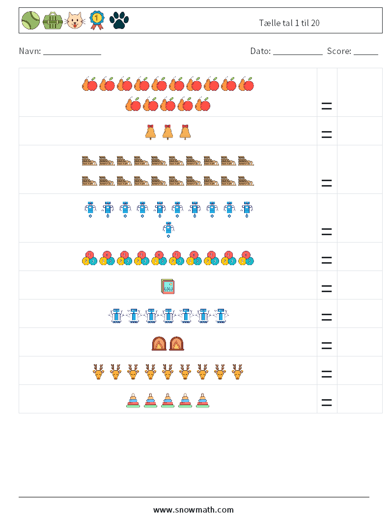 Tælle tal 1 til 20 Matematiske regneark 6