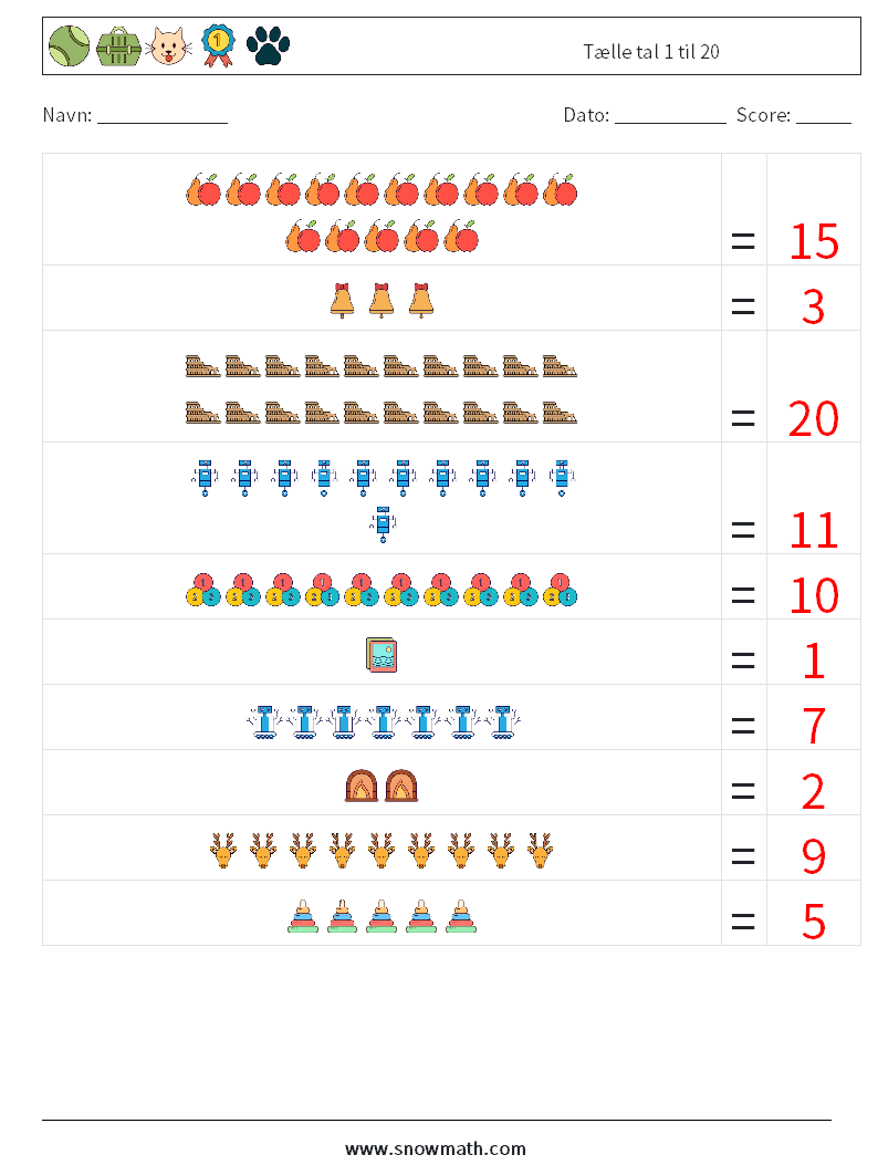 Tælle tal 1 til 20 Matematiske regneark 6 Spørgsmål, svar