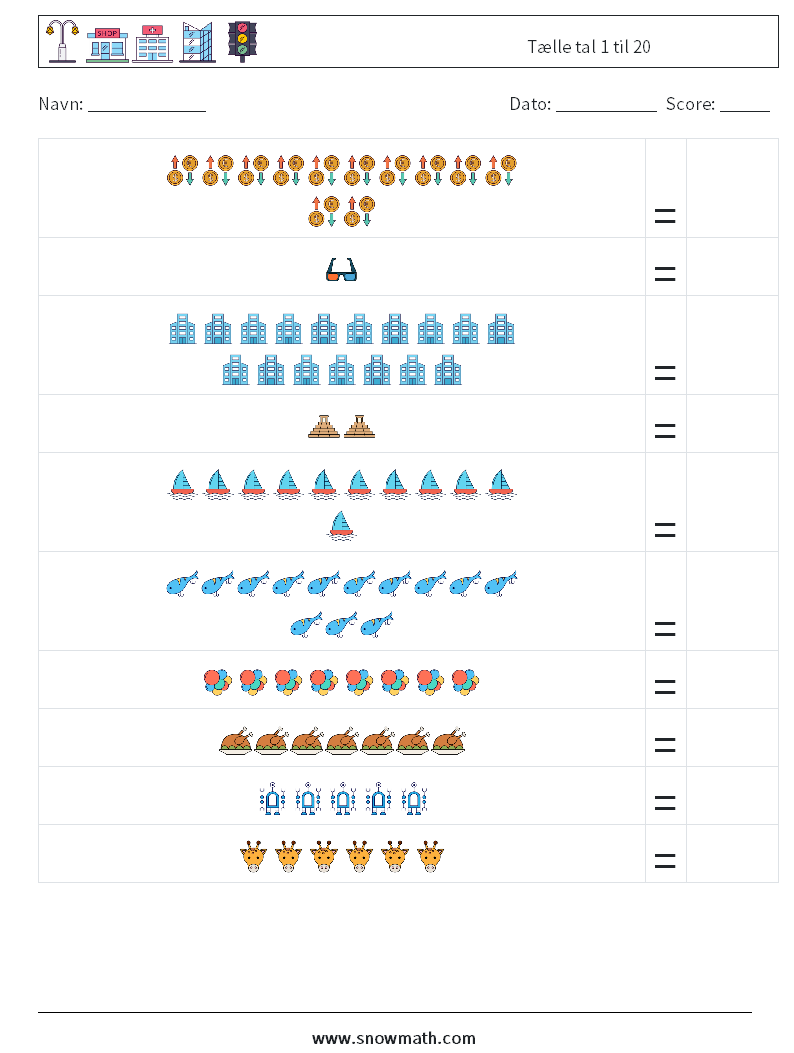 Tælle tal 1 til 20 Matematiske regneark 7