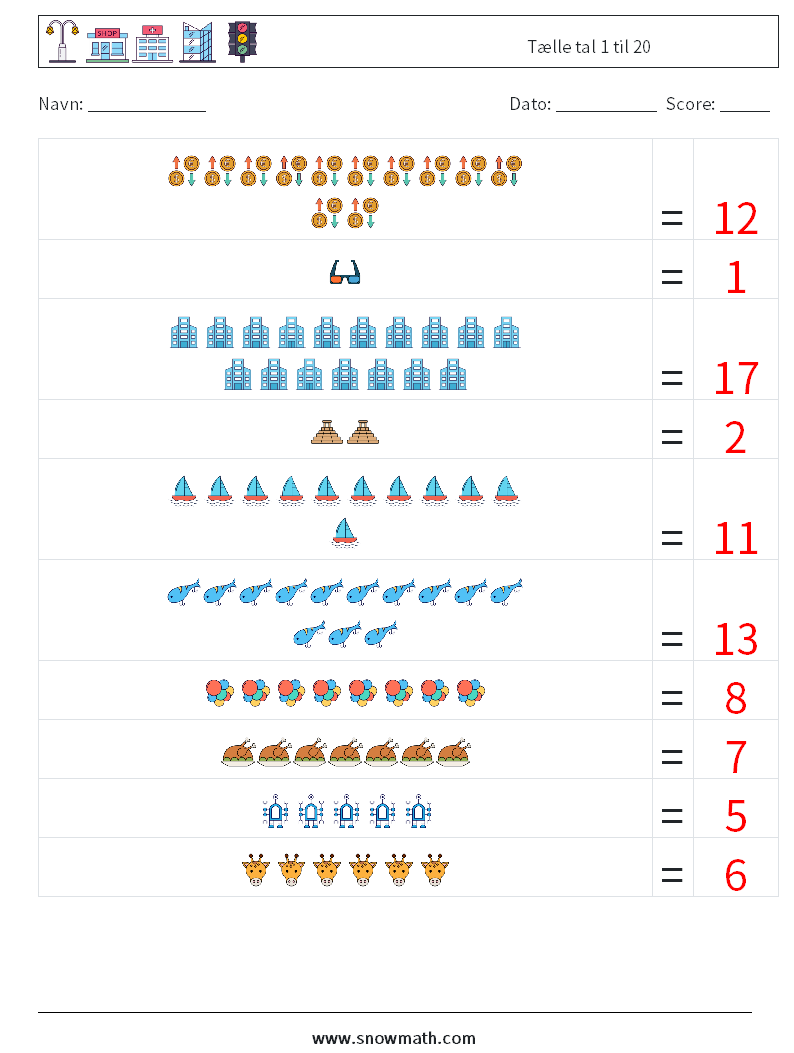 Tælle tal 1 til 20 Matematiske regneark 7 Spørgsmål, svar