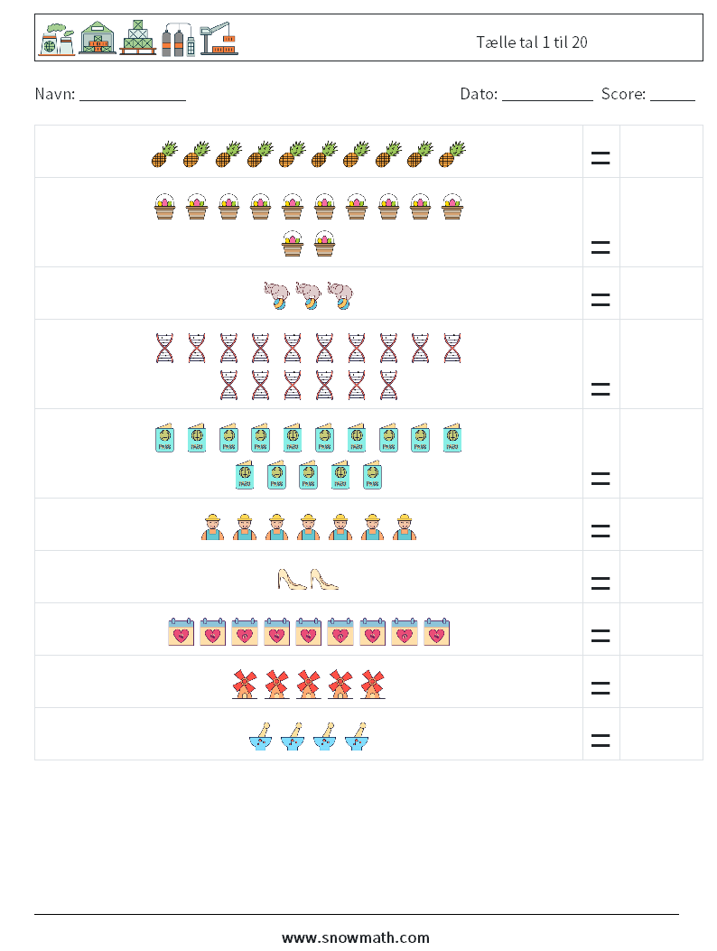 Tælle tal 1 til 20 Matematiske regneark 8