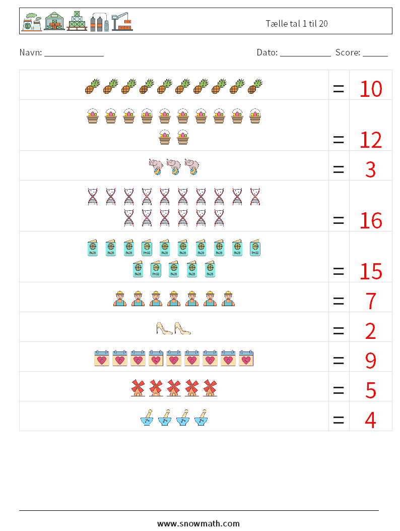 Tælle tal 1 til 20 Matematiske regneark 8 Spørgsmål, svar